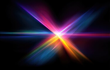Vibrant, multicolored light streaks converge at a central point, radiating outwards in an 'X' pattern against a deep black background.