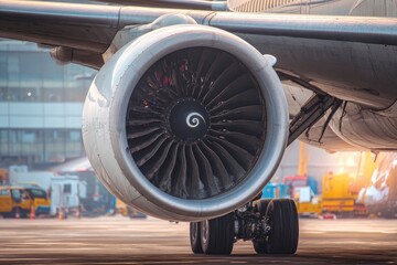 Airplane engine with blades prominently displayed undercarriage visible and tarmac setting