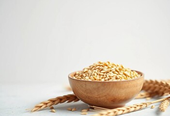 Simple oat bowl, minimalist setting, wheat stalk background,   clean,   crop