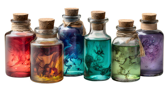 A set of glass bottles with cork stoppers, filled with colorful, swirling magic potions. This mysterious collection is perfect for a witch's brew or Halloween.