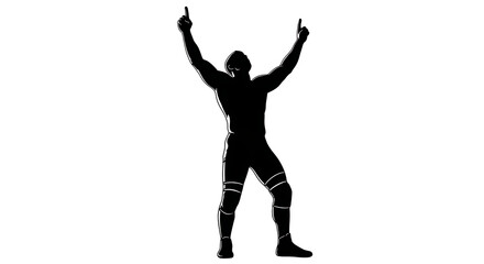 A silhouette of a victorious wrestler or fighter celebrating with arms raised and fingers pointing up.