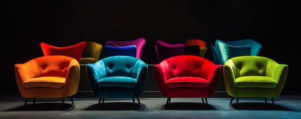 Colorful and modern armchairs arranged against a dark background