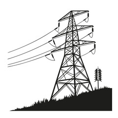 Black and white vector illustration of a high-voltage electric pylon. Silhouette of a power transmission tower with electrical lines on a hill.