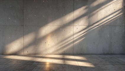 Sunlight streams through unseen openings onto a large, textured concrete wall and floor, creating dramatic diagonal shadows.  The scene is minimalist and modern
