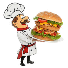 Cartoon chef with a large sandwich in his hands isolated on transparent background  
