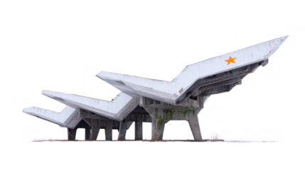 This features unique architectural structure with modern design, characterized by angular shapes and prominent star symbol. building appears weathered, suggesting historical significance