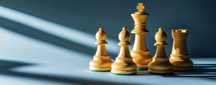 Wooden chess pieces positioned on a light blue surface create shadows