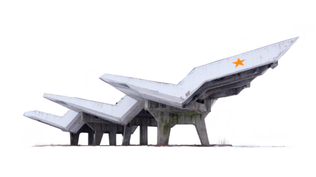 This features unique architectural structure with modern design, characterized by angular shapes and prominent star symbol. building appears weathered, suggesting historical significance