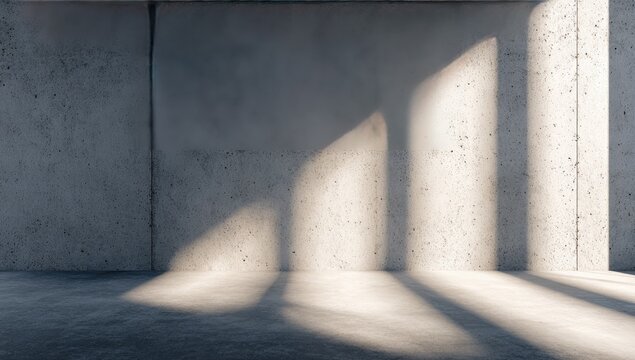 Sunlit concrete room;  textured walls and floor, showing strong, parallel light beams casting shadows.  Minimalist and modern aesthetic