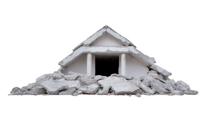 Image depicts damaged building with collapsed roof and scattered debris, evoking sense of destruction and loss. structure appears to be house, with visible pillars and triangular roof shape