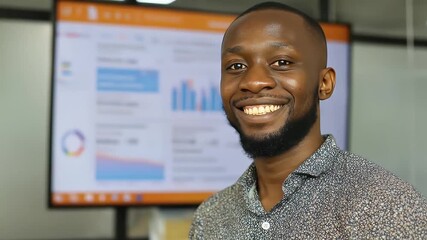 Young professional man smiling in modern office environment with financial graphs and data charts in background, positive atmosphere - Powered by Adobe