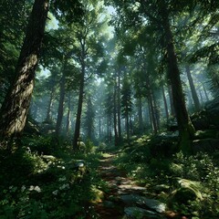 Fototapeta premium Golden sunlight streams through the green forest, illuminating a natural path among the trees