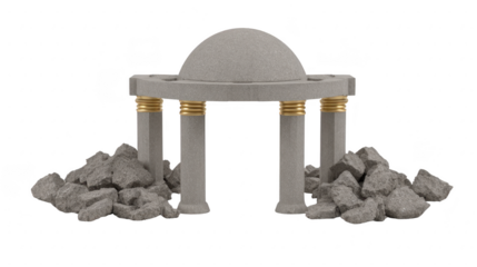 Stone structure with dome and four columns, surrounded by scattered rocks, evokes sense of ancient architecture and history. design features mix of smooth and rough textures, highlighting contrast