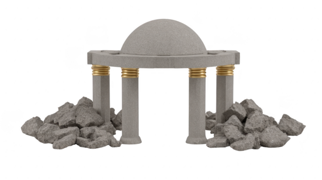 Stone structure with dome and four columns, surrounded by scattered rocks, evokes sense of ancient architecture and history. design features mix of smooth and rough textures, highlighting contrast