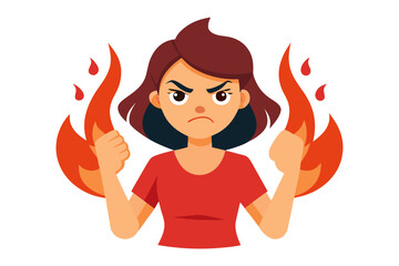 Burning Fury: An illustration of a woman embodies intense anger, as flames erupt around her, symbolizing rage and frustration. The artwork captures the raw emotion of being enraged.