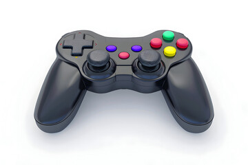 Black video game controller with colorful buttons isolated on a white background 