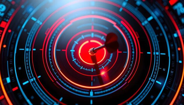 A dart hitting the bullseye of a futuristic, digital target. - Powered by Adobe
