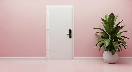 White door with black handle and green plant on pink wall background image