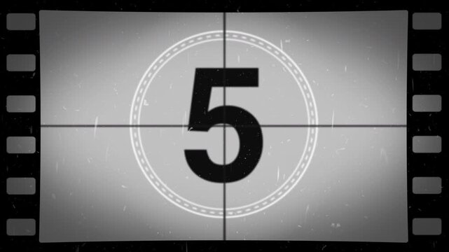 Old film countdown from 10 to 1 seconds. Old movie timer with film strip  in grey retro style. 4K animation.