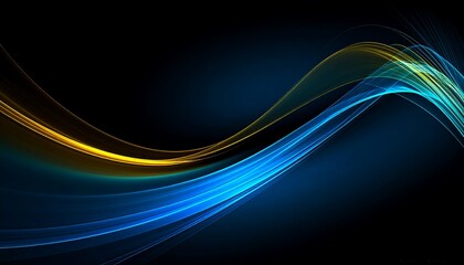 Naklejka premium Abstract Dynamic Waves: Glowing Blue and Gold Swirls on Black Background.