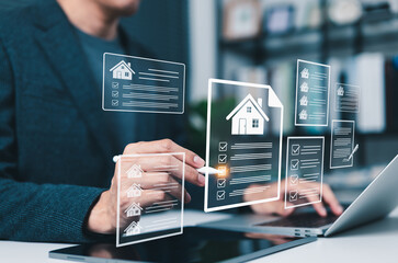 Real Estate Property Management and Checklist Concept. Person working with icons of houses and checklists, real estate property management, evaluation, housing inspection, and task tracking processes.