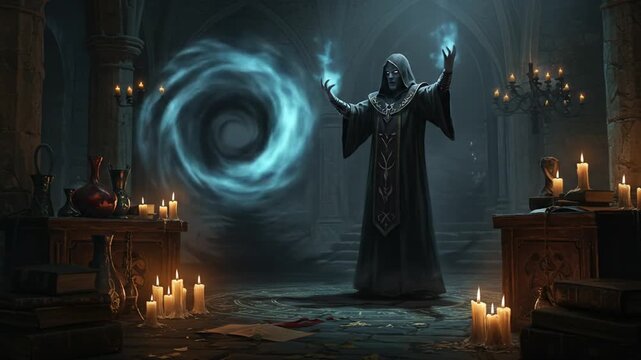 A dark wizard casting a spell in a mystical, candlelit environment.