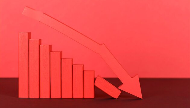 Red Monochromatic Recession: Falling Bar Graph with Arrow Economic Downturn Concept.