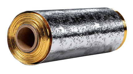 Shimmering Foil Roll: An elegant, close-up shot captures the intricate details of a gold and silver foil roll, highlighting the texture and reflective quality of the material. 