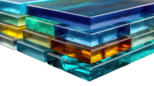 Abstract Glass Mosaic: A colorful and intricate mosaic of layered glass tiles, showcasing a spectrum of blues, greens, and yellows, perfect for adding a touch of artistic elegance.