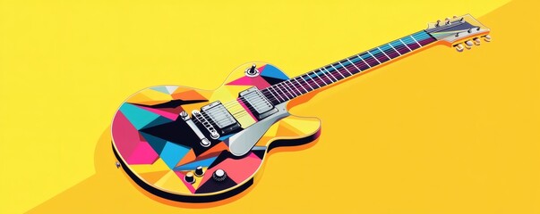 Colorful electric guitar graphic design with geometric shapes on yellow background