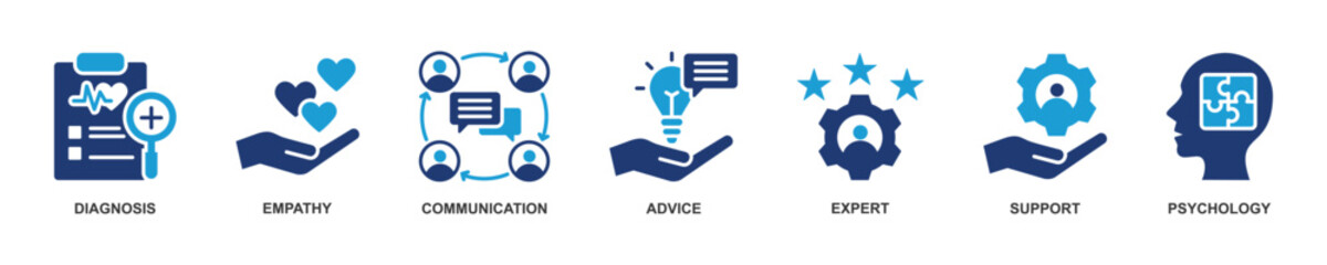 Banner of Counseling web vector illustration with icons of diagnosis, empathy, communication, advice, expert, support and psychology.