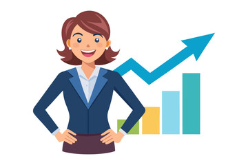 Rising Business Acumen: A determined woman, exuding confidence, stands beside a rising graph, symbolizing career advancement and financial growth.