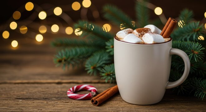 A mug of hot chocolate with marshmallows and cinnamon sticks, beside Christmas lights and greenery on a wooden table