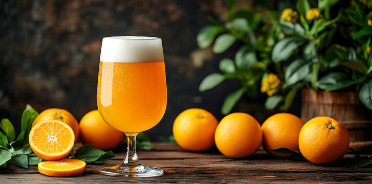 Refreshing glass of orange craft beer served with fresh citrus fruits on rustic wooden table background, bright summer beverage concept with empty copy space for advertising or design layout.