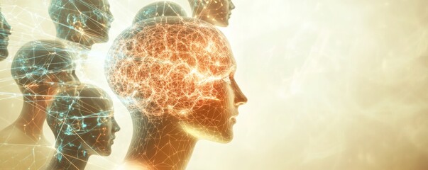 Rendered illustration of human heads depicting interconnected brain activity