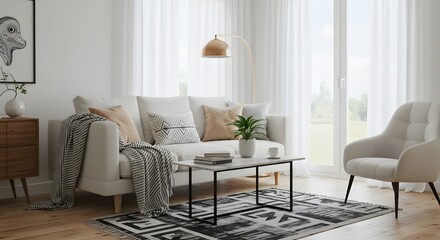 Fototapeta premium Modern Living Room Interior with White Sofa, Armchair, and Coffee Table