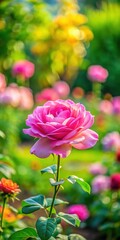 Obraz premium A lone pink rose blooms in a lush green garden surrounded by vibrant flowers and foliage on a sunny day