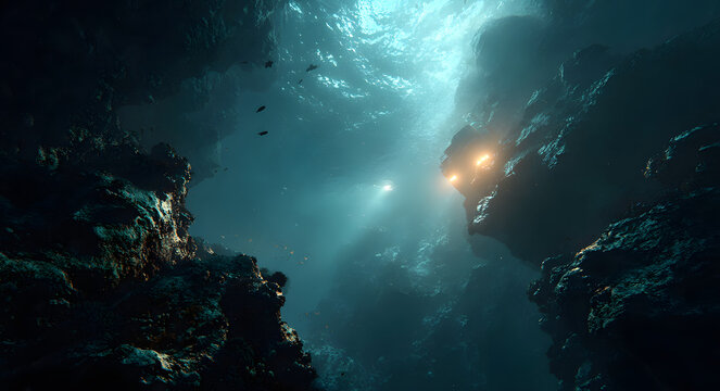 A submersible with bright lights descends into the deep blue ocean with dark rocky surroundings