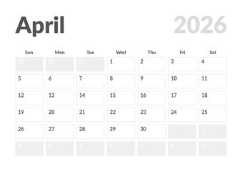 Monthly page Calendar Planner Template design of April 2026. Vector layout of calendar with week start Sunday for Scheduling. Page for size A4 or 21x29.7 cm