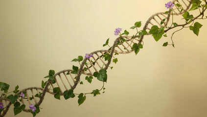 Scientific representation of DNA decorated with vines and flowers against a light background showing nature's beauty and complexity in design