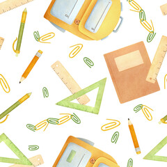 Back to school seamless pattern watercolor isolated illustration. First grade backpack and stationery clip art. Hand drawn sketch for kids in elementary school.