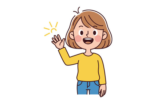 Warm Greetings: A delightful cartoon character of a young woman enthusiastically waves hello, radiating friendliness and cheerful positivity.