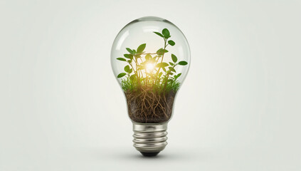 Light bulb filled with growing plants symbolizes sustainability and innovation in eco-friendly energy solutions