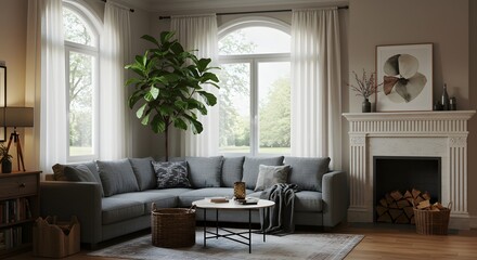 Fototapeta premium Modern Living Room with Fireplace and Large Fiddle Leaf Fig Plant