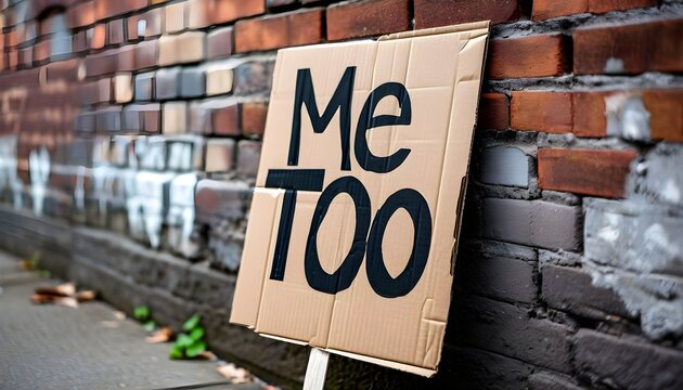 A cardboard sign reading "Me Too" leans against a brick wall, symbolizing a social movement.