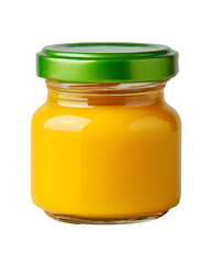 Yellow food product in a glass jar with a green lid