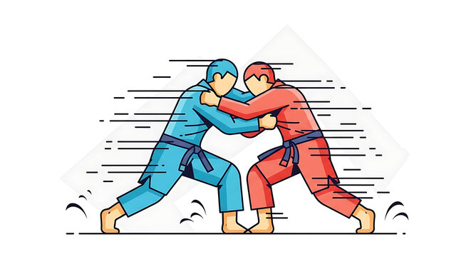 Two martial artists in blue and red uniforms grappling during a dynamic judo competition.