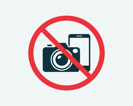 No photography and no mobile phone sign. A vector graphic icon showing a forbidden camera and smartphone symbol on a light background.