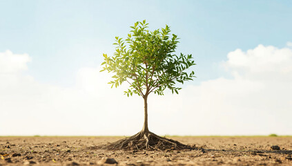 Tree standing alone on dry earth under a clear blue sky during midday