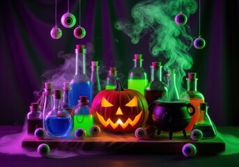 A halloween display with potions, pumpkin, cauldron and hanging eyeballs
